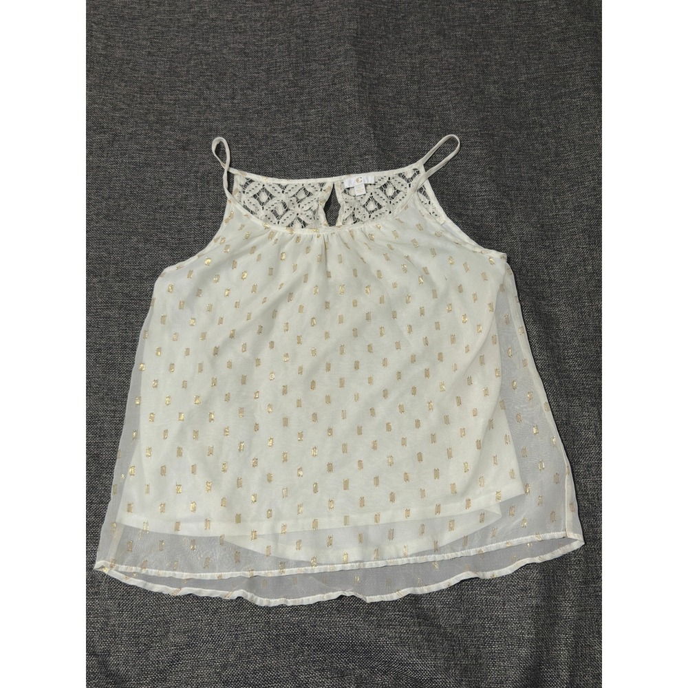 Cato Women's Small Cami Tank Top White Gold Metallic Dot Lace Trim Lined Chiffon